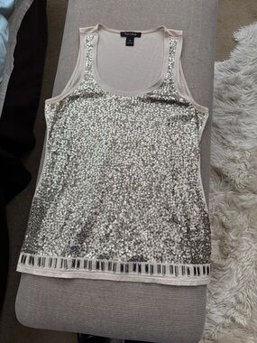 White House Black Market Ivory Sequin Tank with Bead Trim